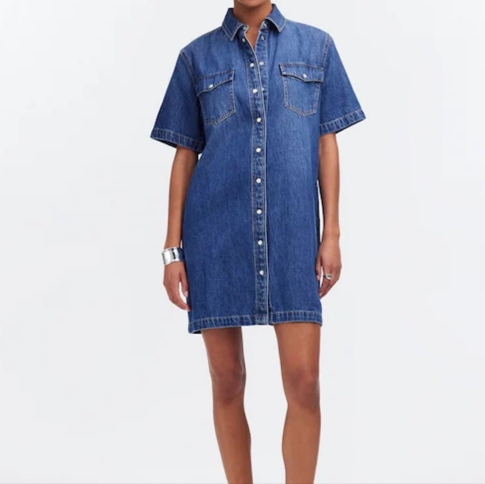 Madewell Denim Pearl Snap Button Oversized Workwear Mini Shirtdress Size XL